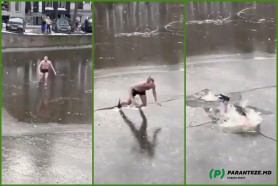 Un bărbat a ieşit să patineze în lenjerie intimă, dar a ajuns direct sub gheață